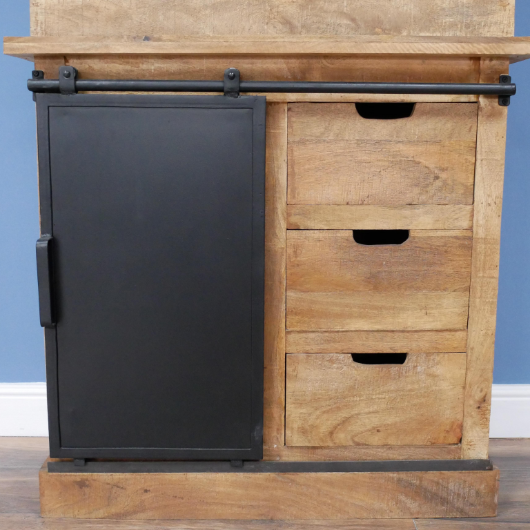 Close-up of the Sliding Door Cupboard on the Industrial Wood & Iron Tall Cabinet