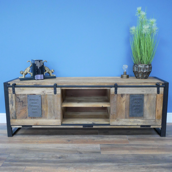 Industrial "Jupiter Iron Works" Wooden Sliding Door TV Cabinet in Situ