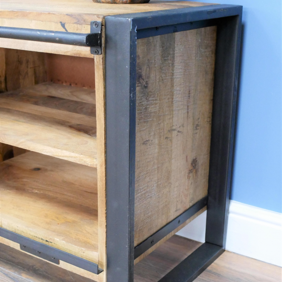 Metal Legs on the Side of the Industrial "Jupiter Iron Works" Wooden Sliding Door TV Cabinet