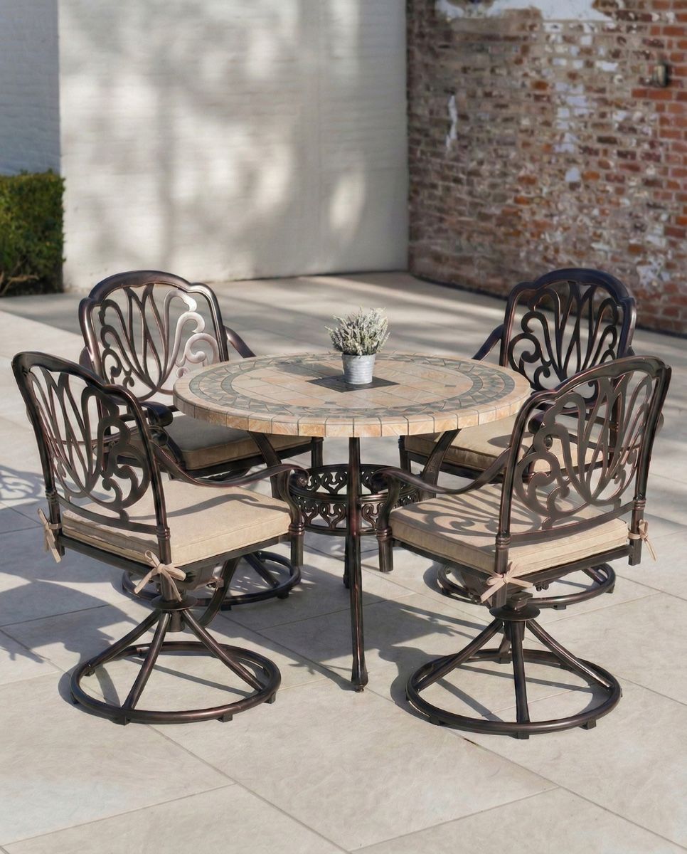 Intricate Bronze "Tredian" Four Seat Mosaic Table and Chair Set in Situ with cushions