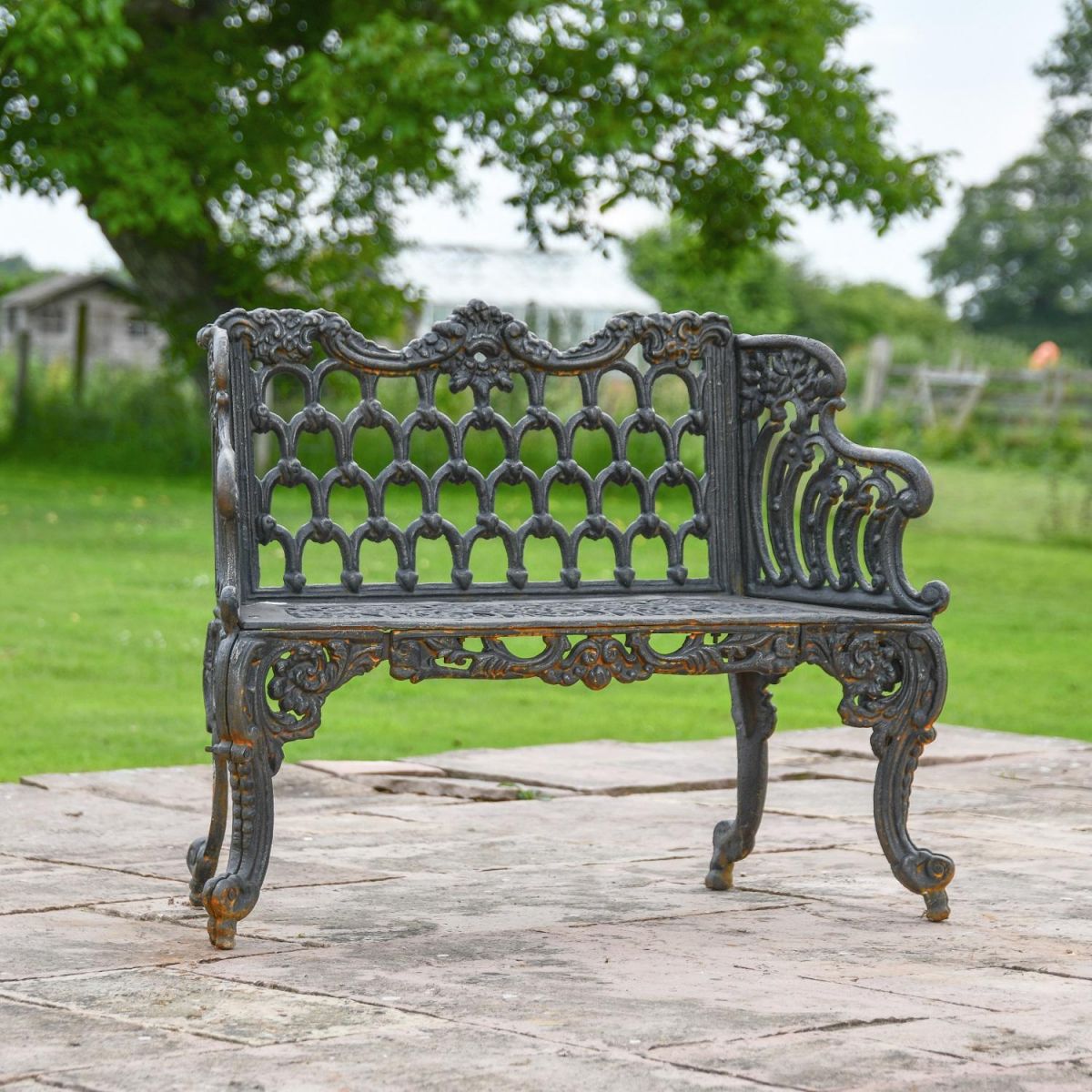 Aged Black Ornate Garden Bench in Garden Setting  Aged Black Ornate Garden Bench in Garden Setting