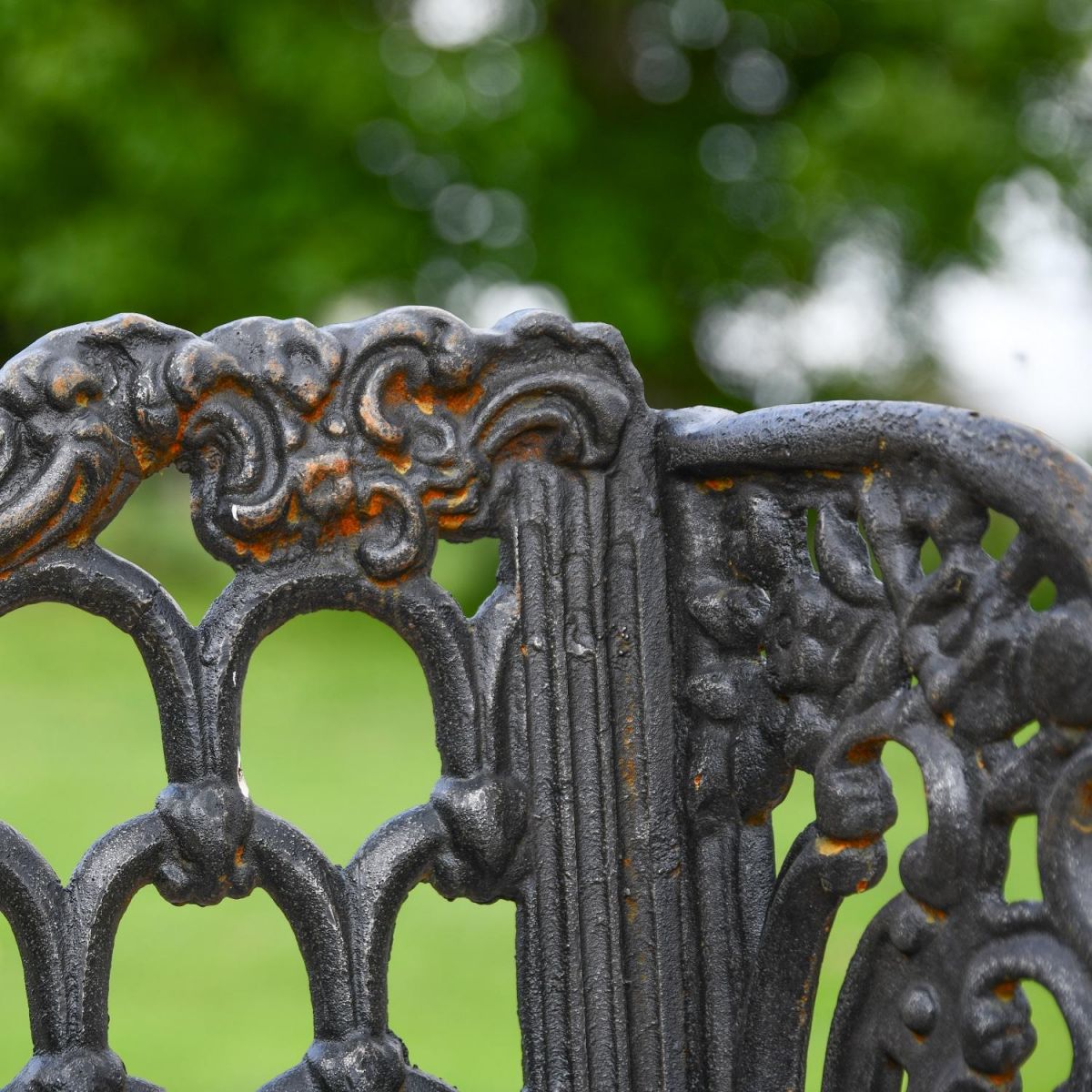 Close up of Cast Iron Aged Black Garden Bench  Close up of Cast Iron Aged Black Garden Bench