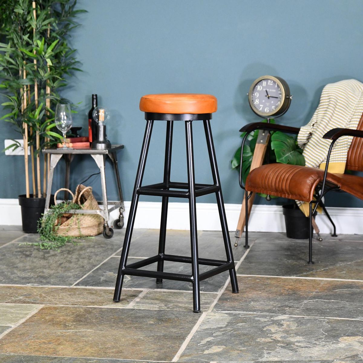 Bar Stool Created From Iron & Brown Goat Leather 