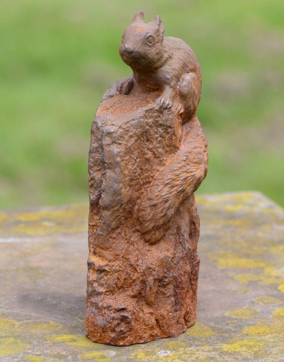 Quirky Rustic Cast Iron Squirrel on Log Sculpture