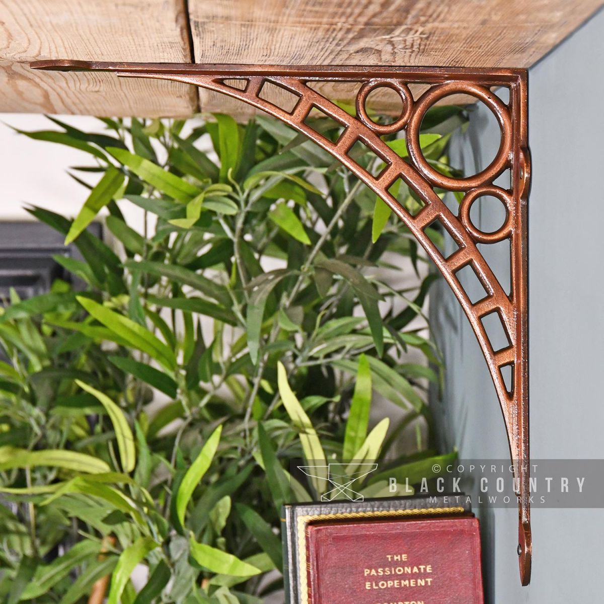 Side View of the Antique Copper Finish "Iron Bridge" Shelf Bracket