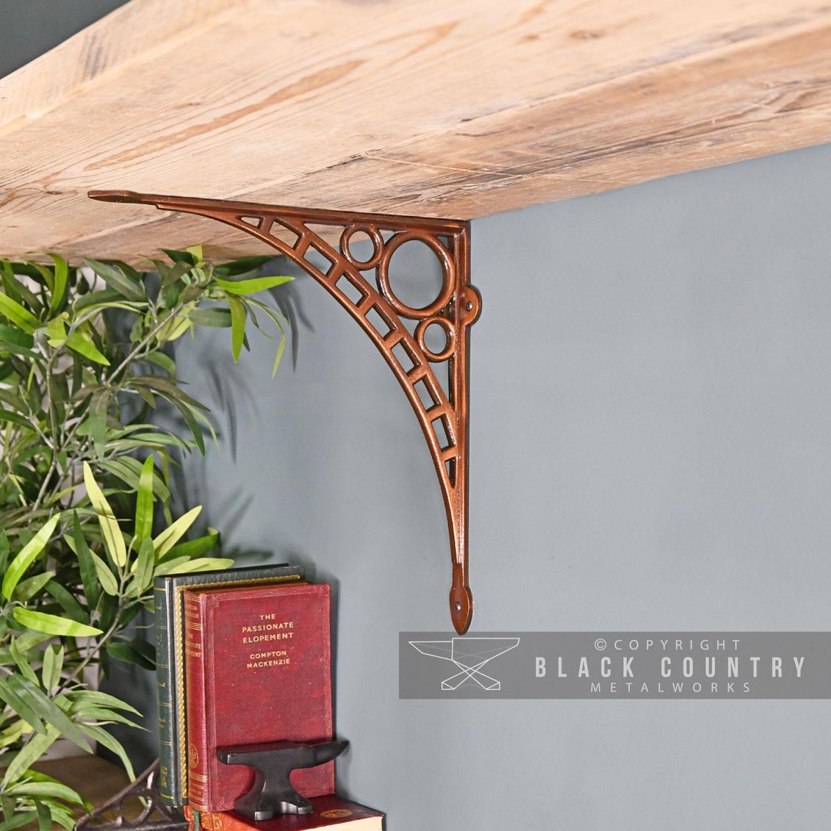 Antique Copper Finish "Iron Bridge" Shelf Bracket in situ
