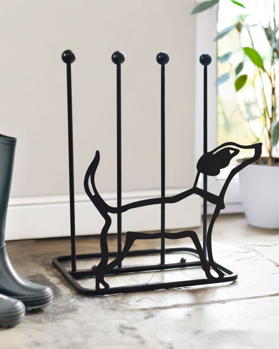 Black Steel Boot Rack with Jack Russell silhouette on front