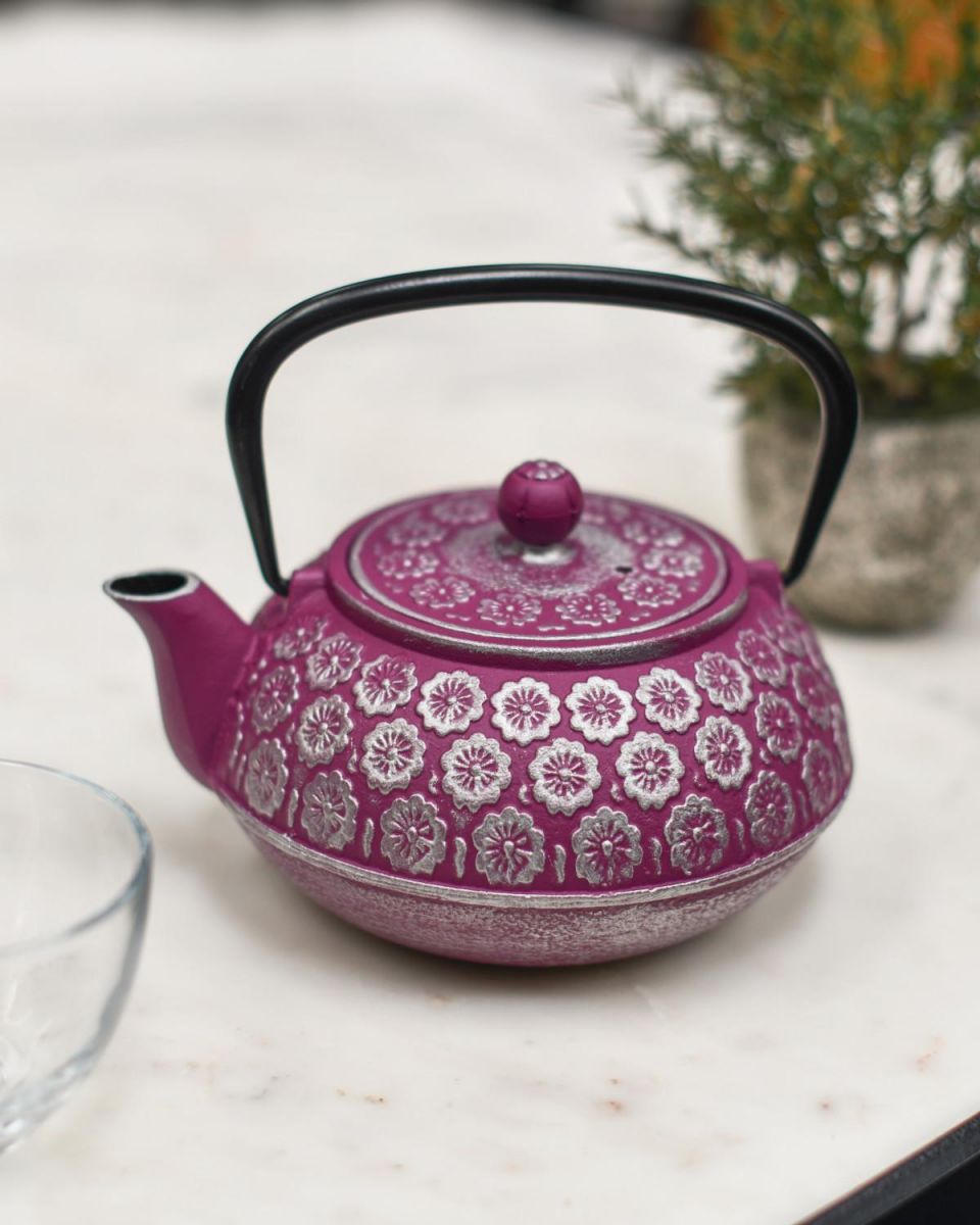 Situ Shot of Japanese Inspired "Boysenberry" Purple & Silver Cast Iron Teapot