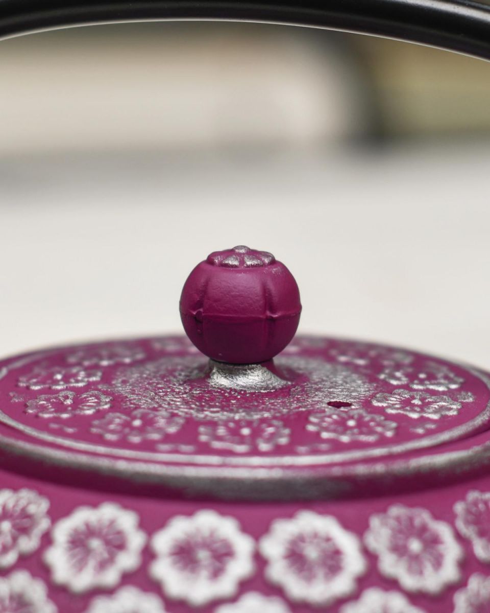 Close-Up of Teapot Lid for Japanese Inspired "Boysenberry" Purple & Silver Cast Iron Teapot