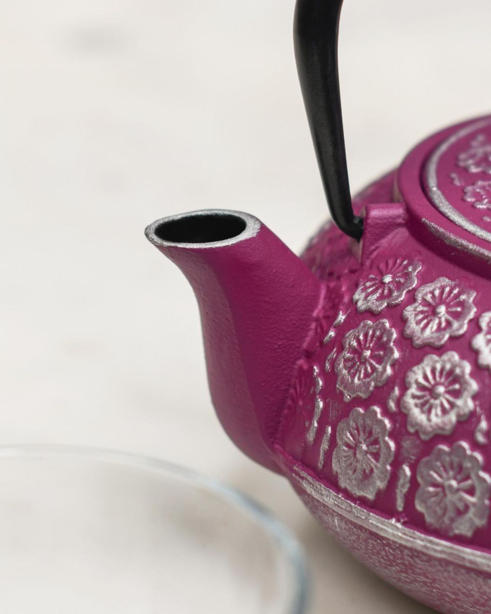 Close-Up of Teapot Spout on Japanese Inspired "Boysenberry" Purple & Silver Cast Iron Teapot