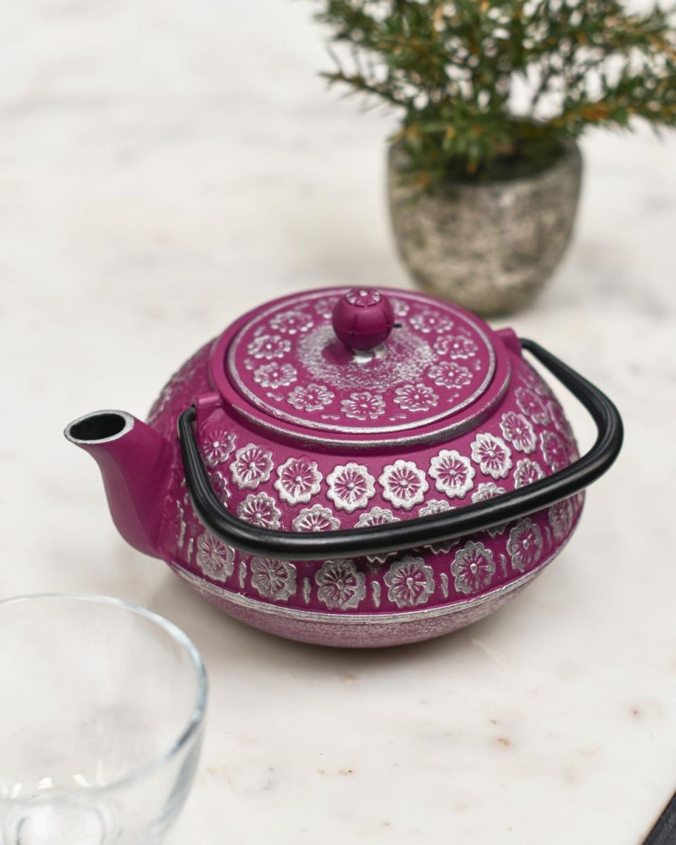 Close-Up of Handle Down on Japanese Inspired "Boysenberry" Purple & Silver Cast Iron Teapot