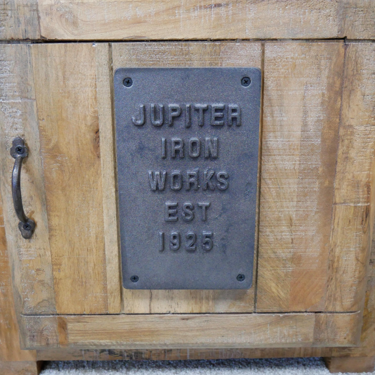 "Jupiter Iron Works" Plaque on the Industrial Bedside Cabinet
