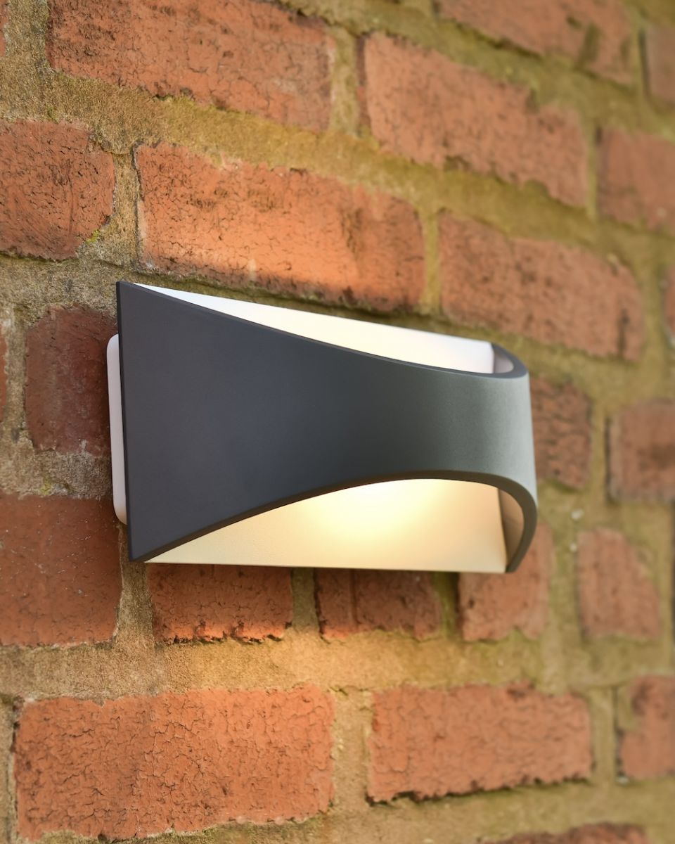 Angled view of uplighter and downlighter garden wall light Angled view of uplighter and downlighter garden wall light