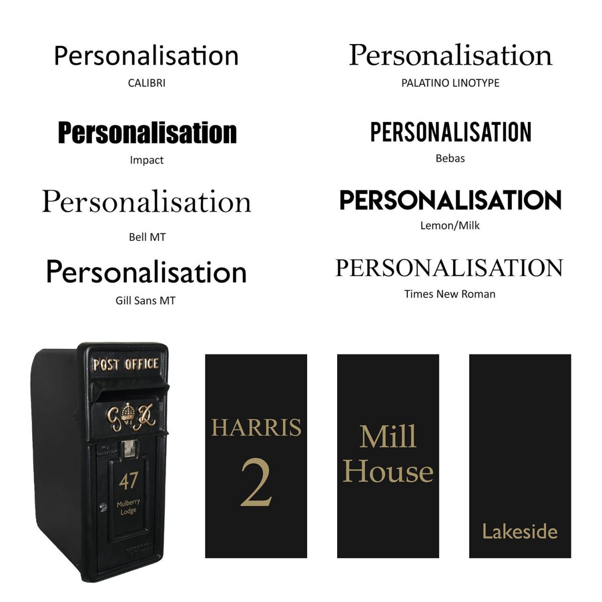 Fonts Available for Personalisation for the King George Rex Black Period Post Box