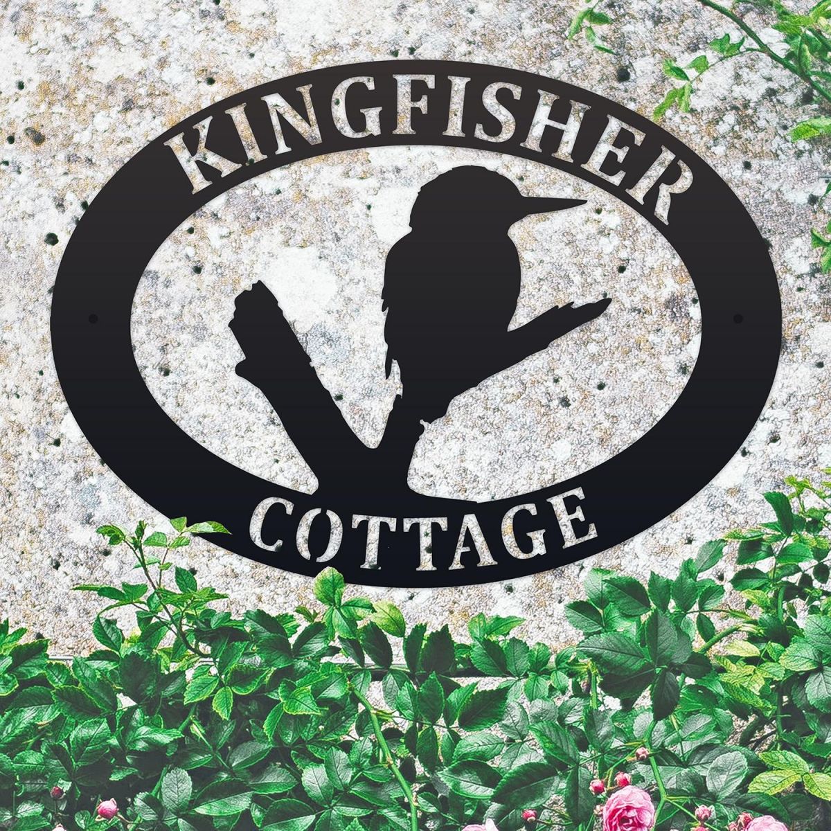 Kingfisher Iron Oval House Sign in situ in a Stone Wall