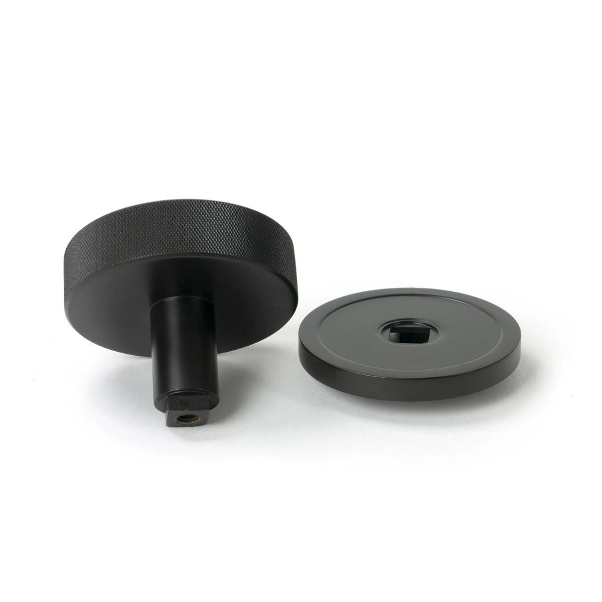 The Aged Bronze Knurled Centre Door Knob on a Plain Rose Displayed in Separate Sections 