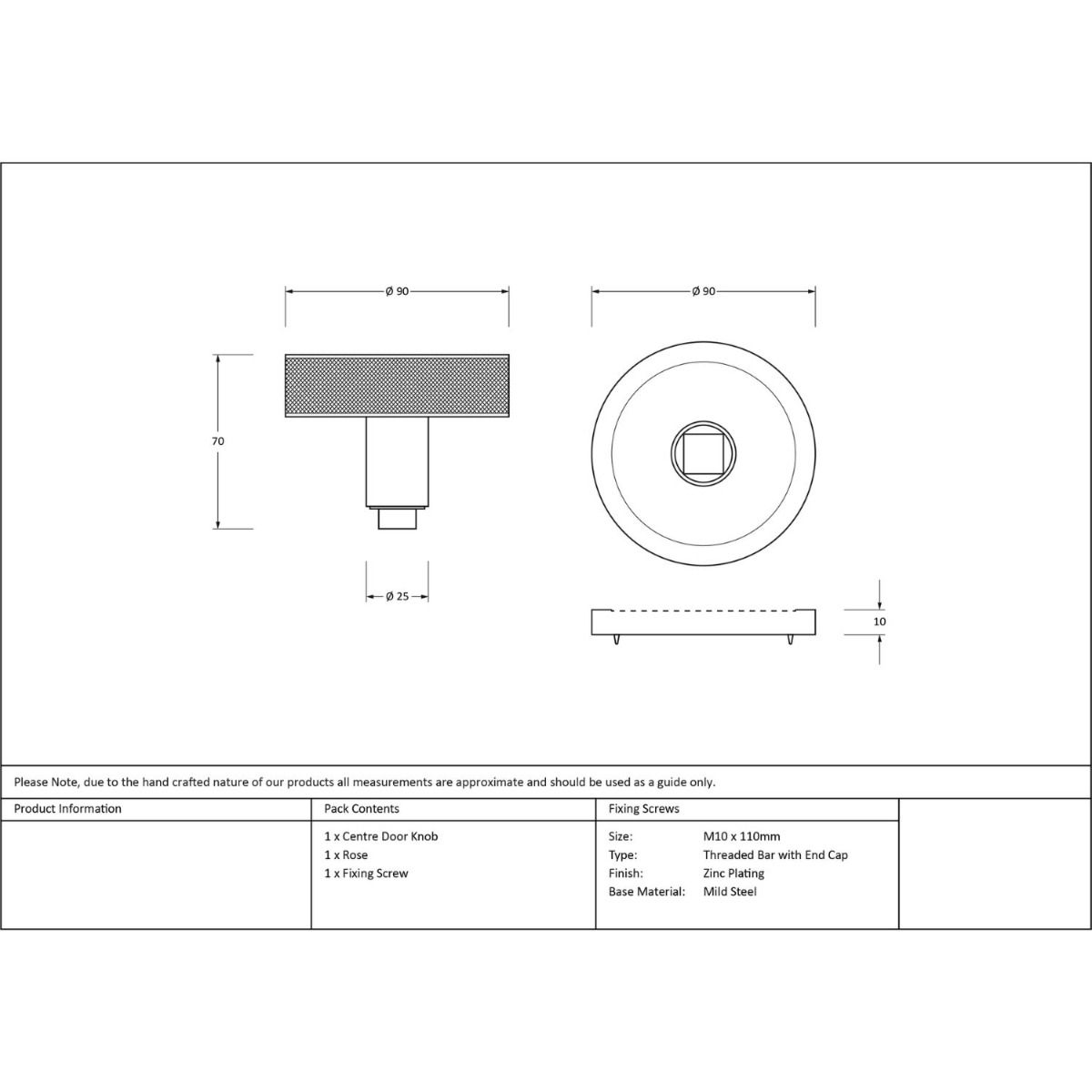 The Aged Bronze Knurled Centre Door Knob on a Plain Rose Technical Drawings and Dimensions 