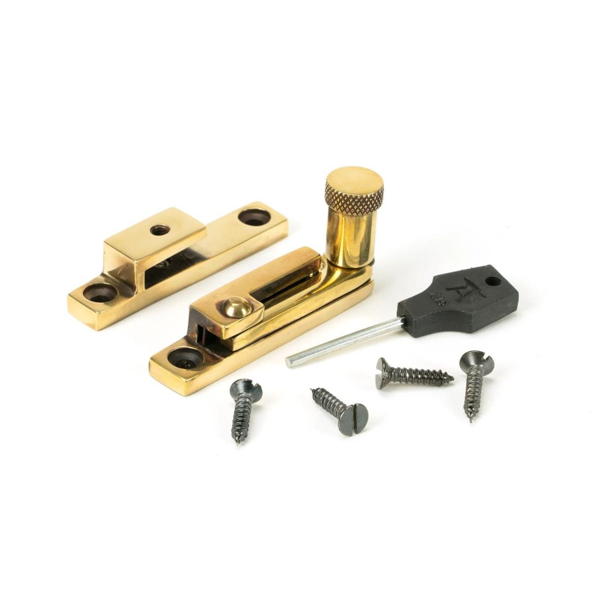 The Knurled Narrow Quadrant Sash Fastener - Aged Brass on a White Background with Components