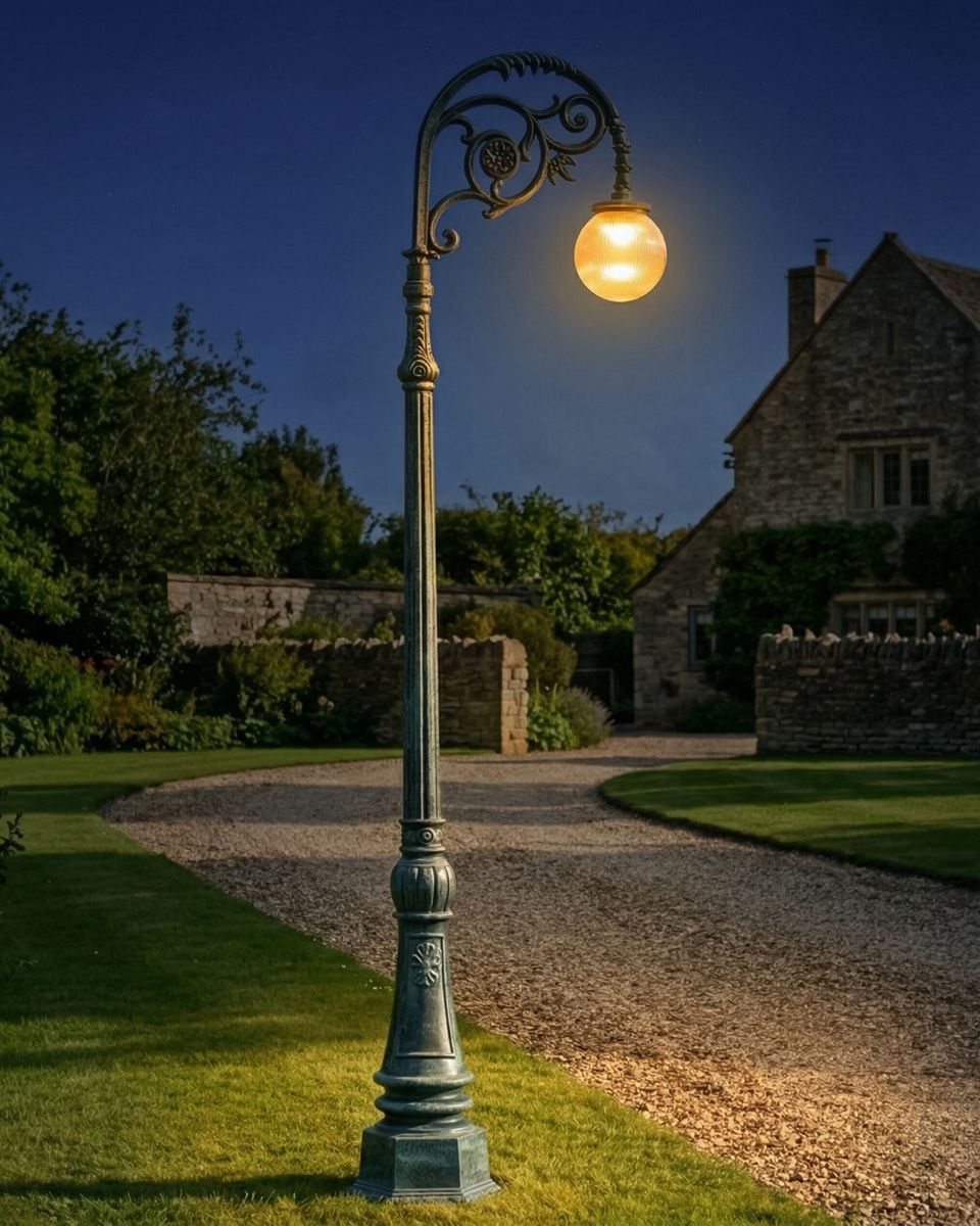 Lady Delphine" Antique Blue Ornate Cast Iron Globe Lamp Post 2.5m digital illustration at night