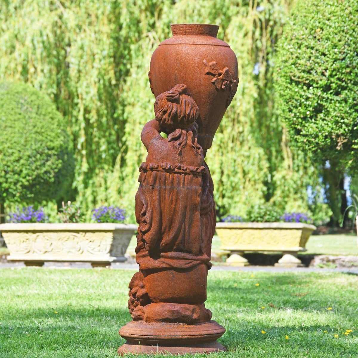 Rear view of Rustic Cast Iron Greek Lady with Vase