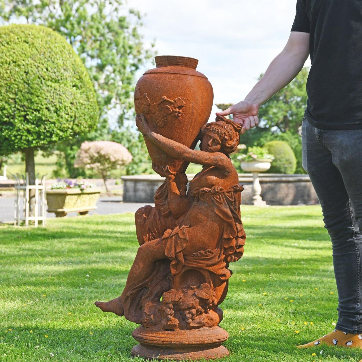 Rustic Cast Iron Greek Lady & Vase Statue with Male for Scale