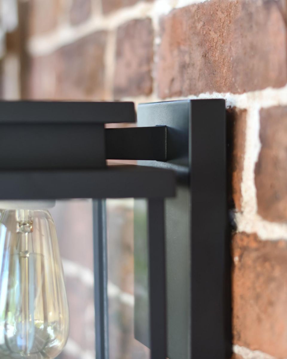 Close-Up of Rectangular Backplate on Large Black Contemporary "Quadrant" Outdoor Top Fix Wall Light