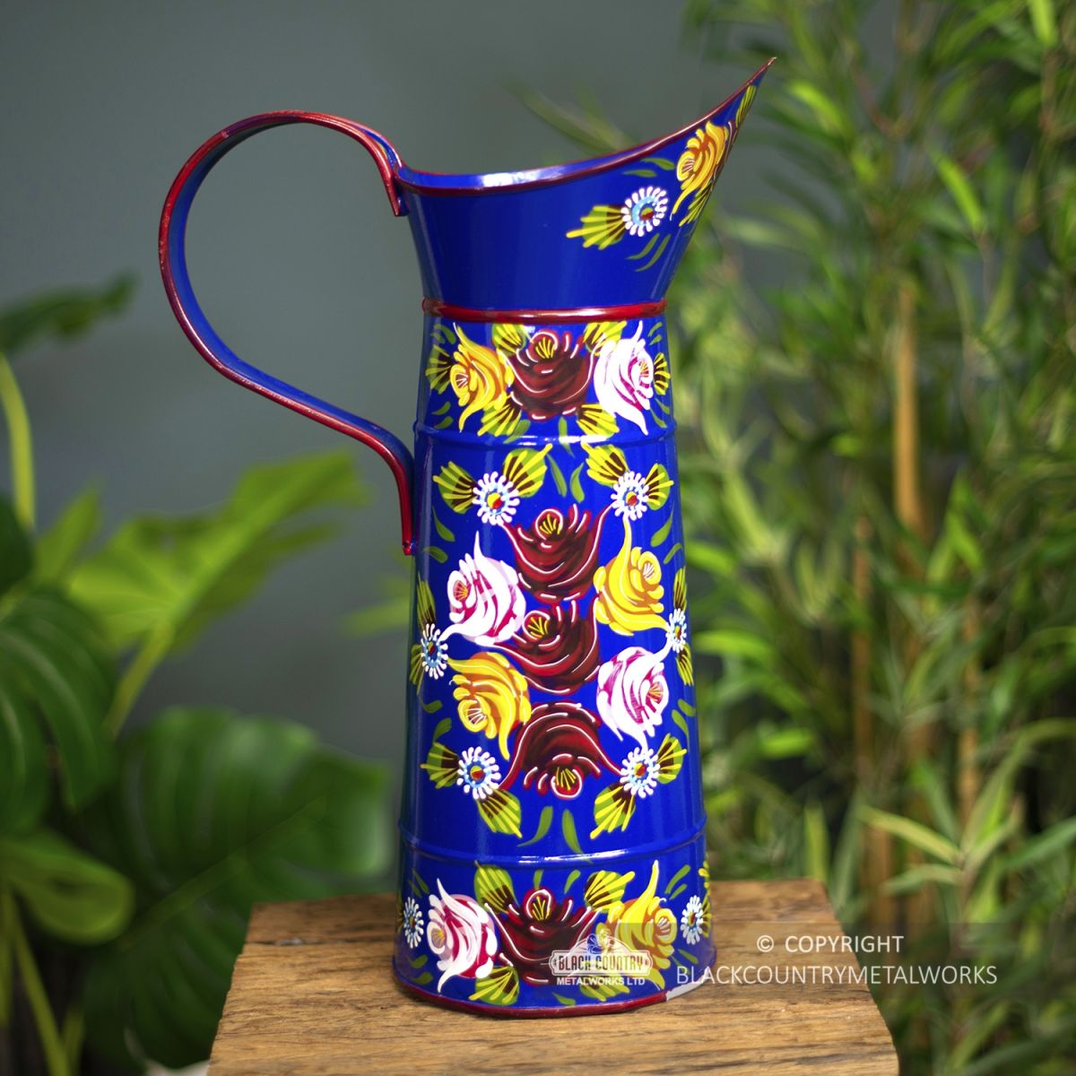 side view of the Hand Painted Narrowboat Jug in Blue side view of the Hand Painted Narrowboat Jug in Blue