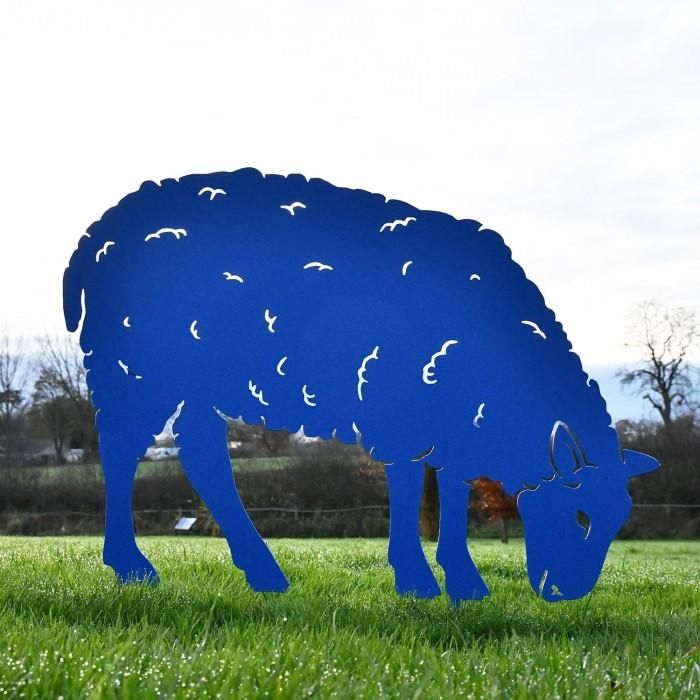 Ewe Sheep Feeding Silhouette in Blue