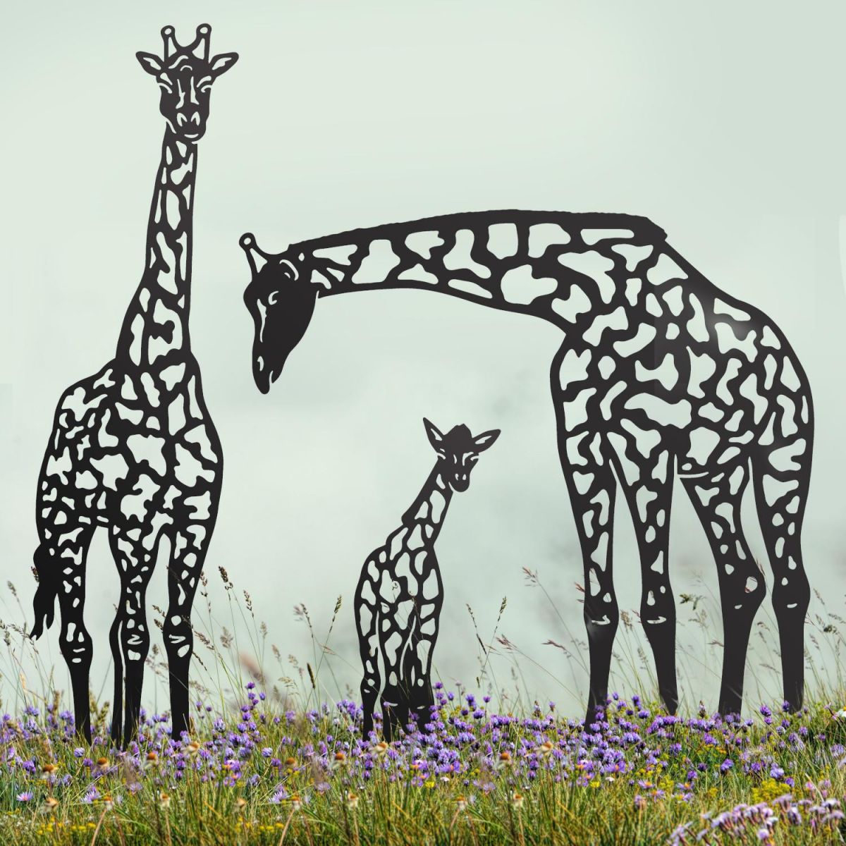 Black Giraffe Family Silhouette in Situ