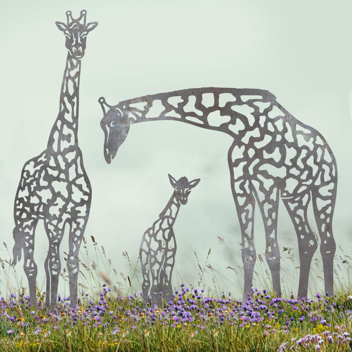 Natural Steel Giraffe Family Silhouette in Situ
