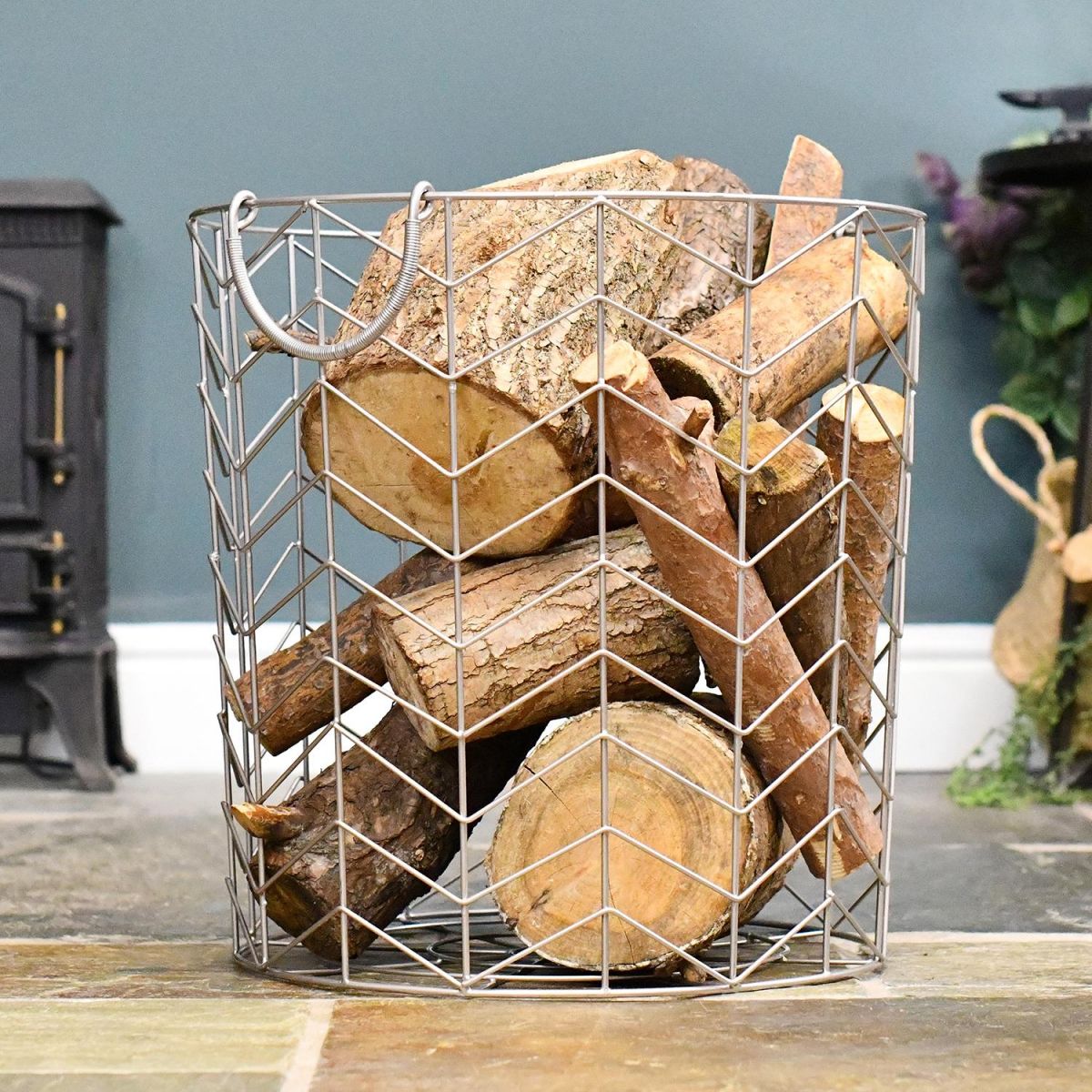 Large Pewter Finish Wire Work Log Basket Large Pewter Finish Wire Work Log Basket