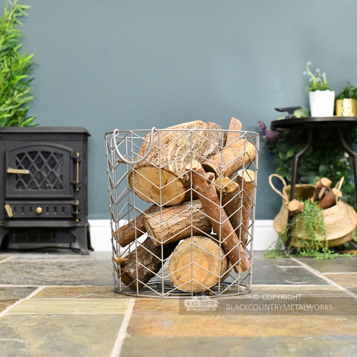 Large Pewter Finish Wire Work Log Basket In Situ Large Pewter Finish Wire Work Log Basket In Situ