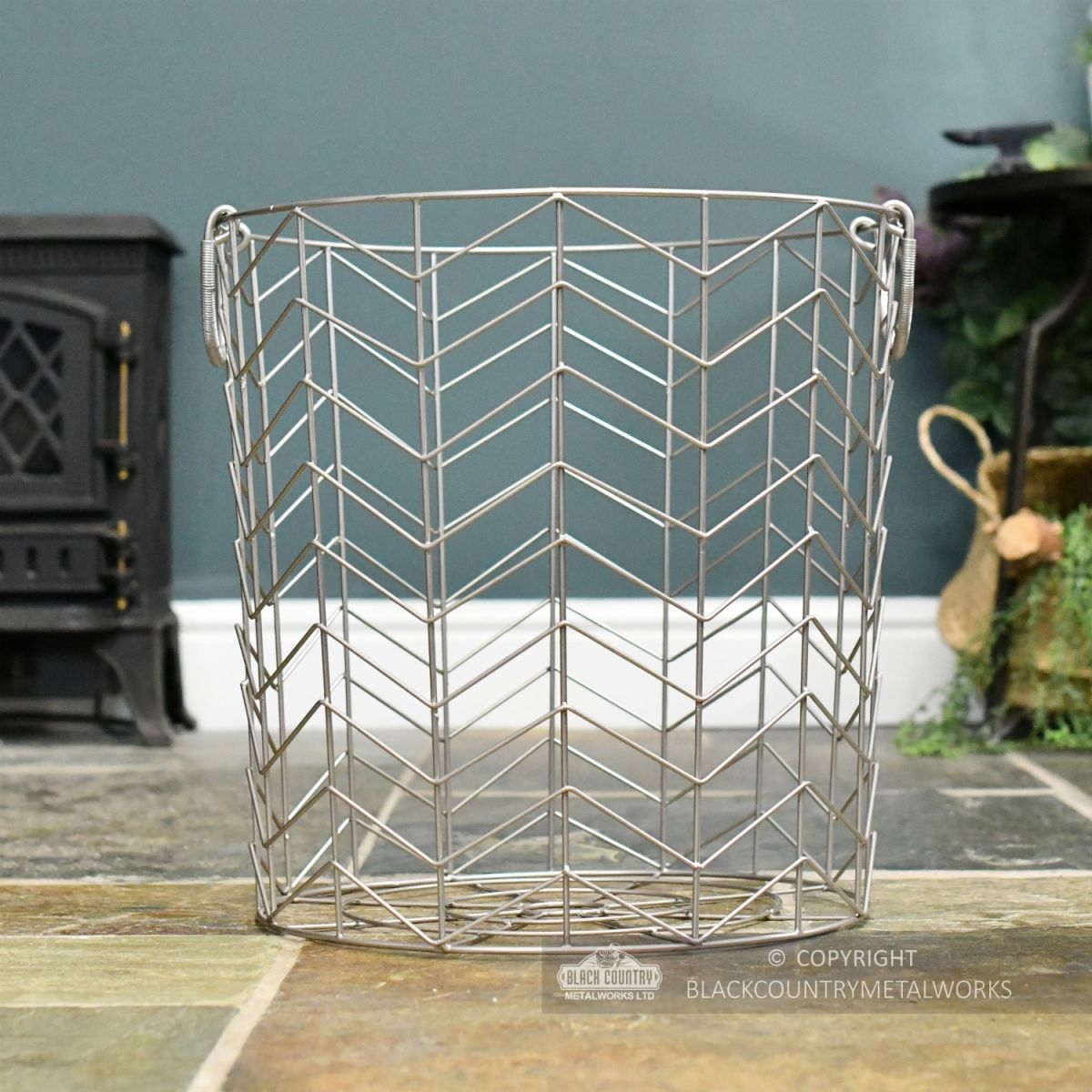 Large Pewter Finish Wire Work Log Holder Large Pewter Finish Wire Work Log Holder