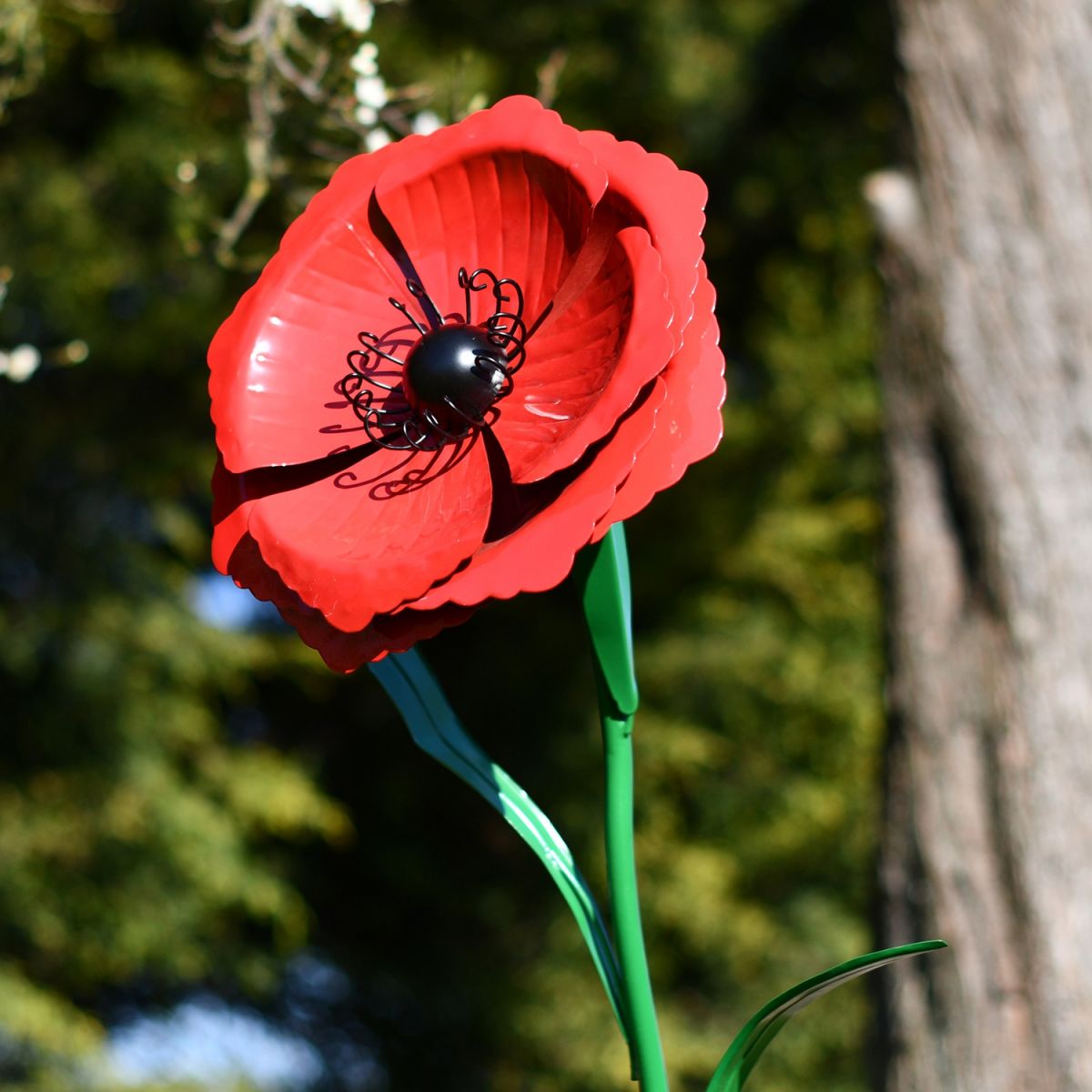Red Poppy Garden Ornament with Green Stem