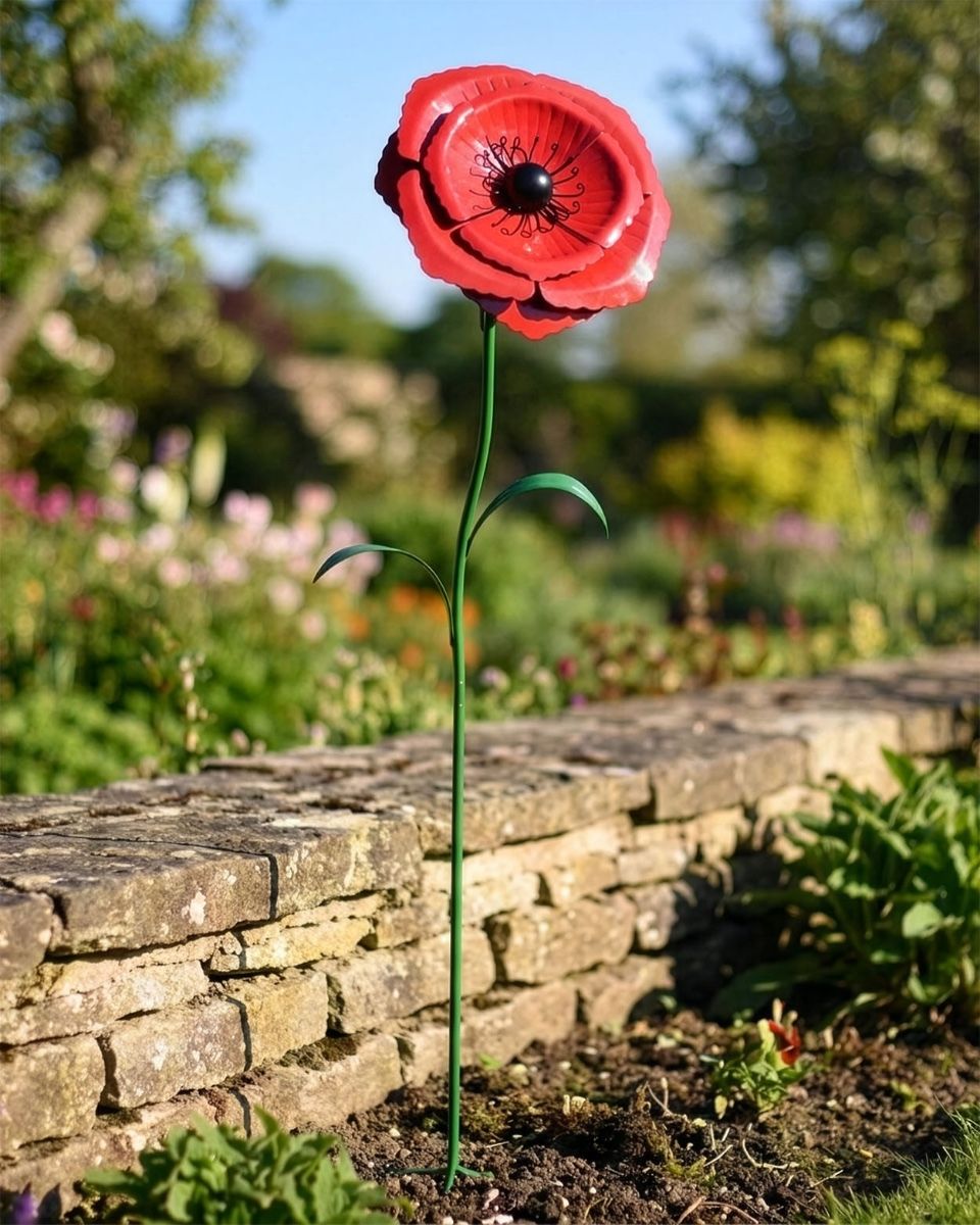 Large Poppy Flower Garden Sculpture with Ground Spike Digital Illustration