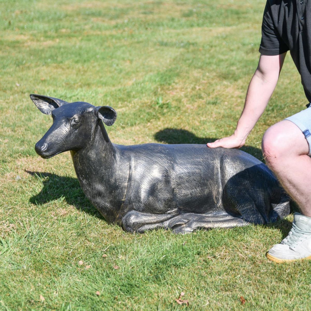 Scale Shot of Large Recycled Cast Aluminium Brushed Gold Lying Doe Sculpture