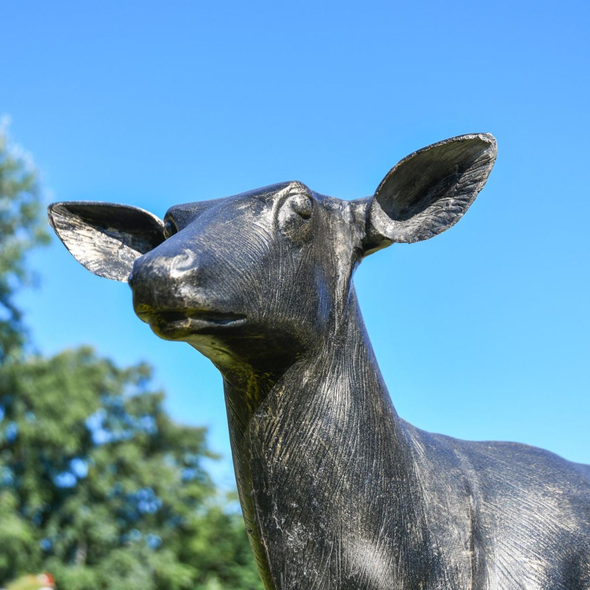 Close-Up of Large Recycled Cast Aluminium Brushed Gold Lying Doe Sculpture