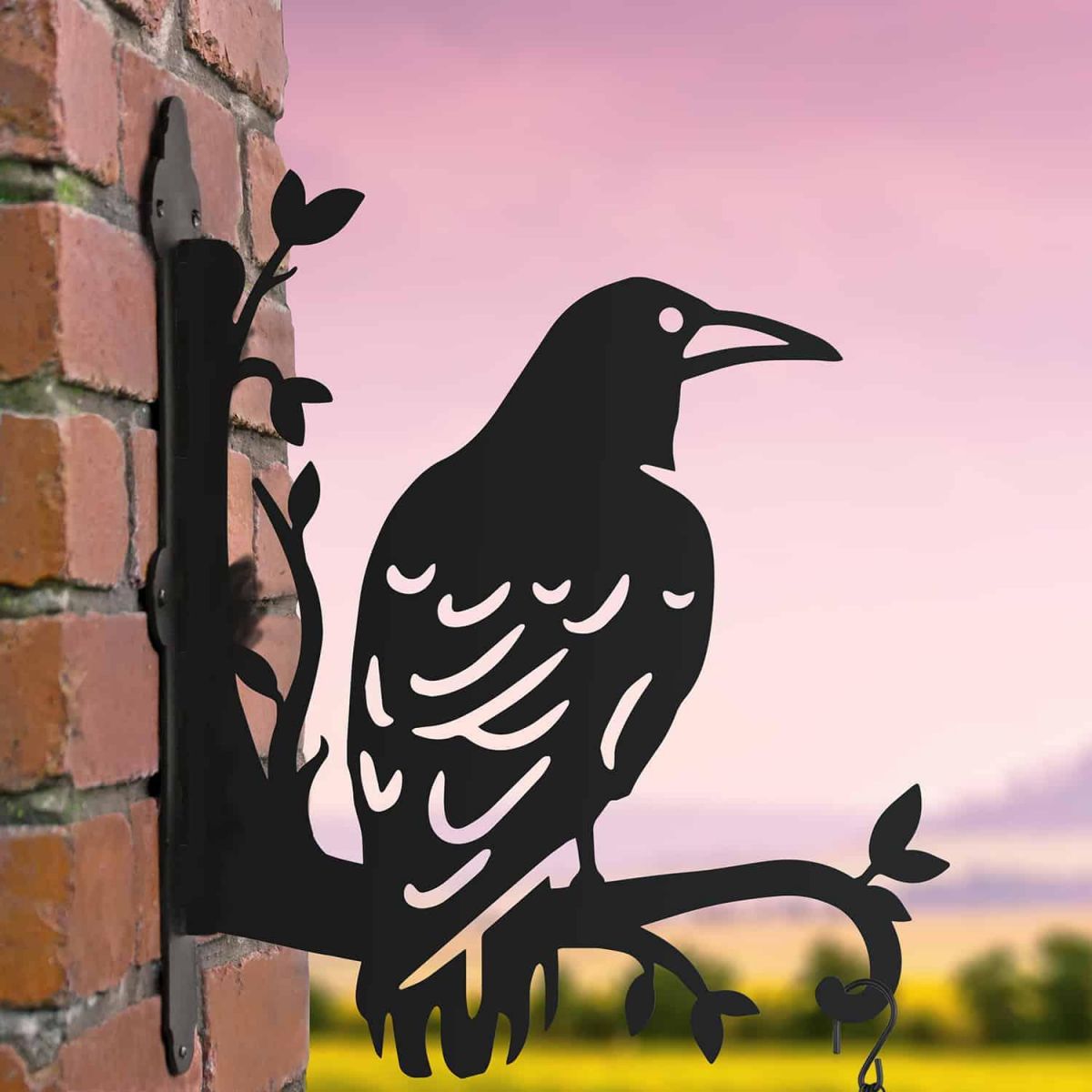 Steel Hanging Basket Bracket with Large Rook on Branches Topper