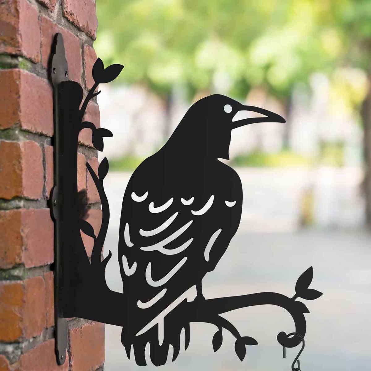 Steel Hanging Basket Bracket with Large Rook on Branches Motif