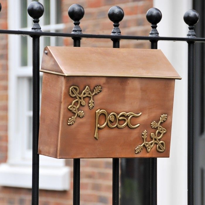 Antique Copper and Bass Celtic Design Post Box in Situ on a Fence