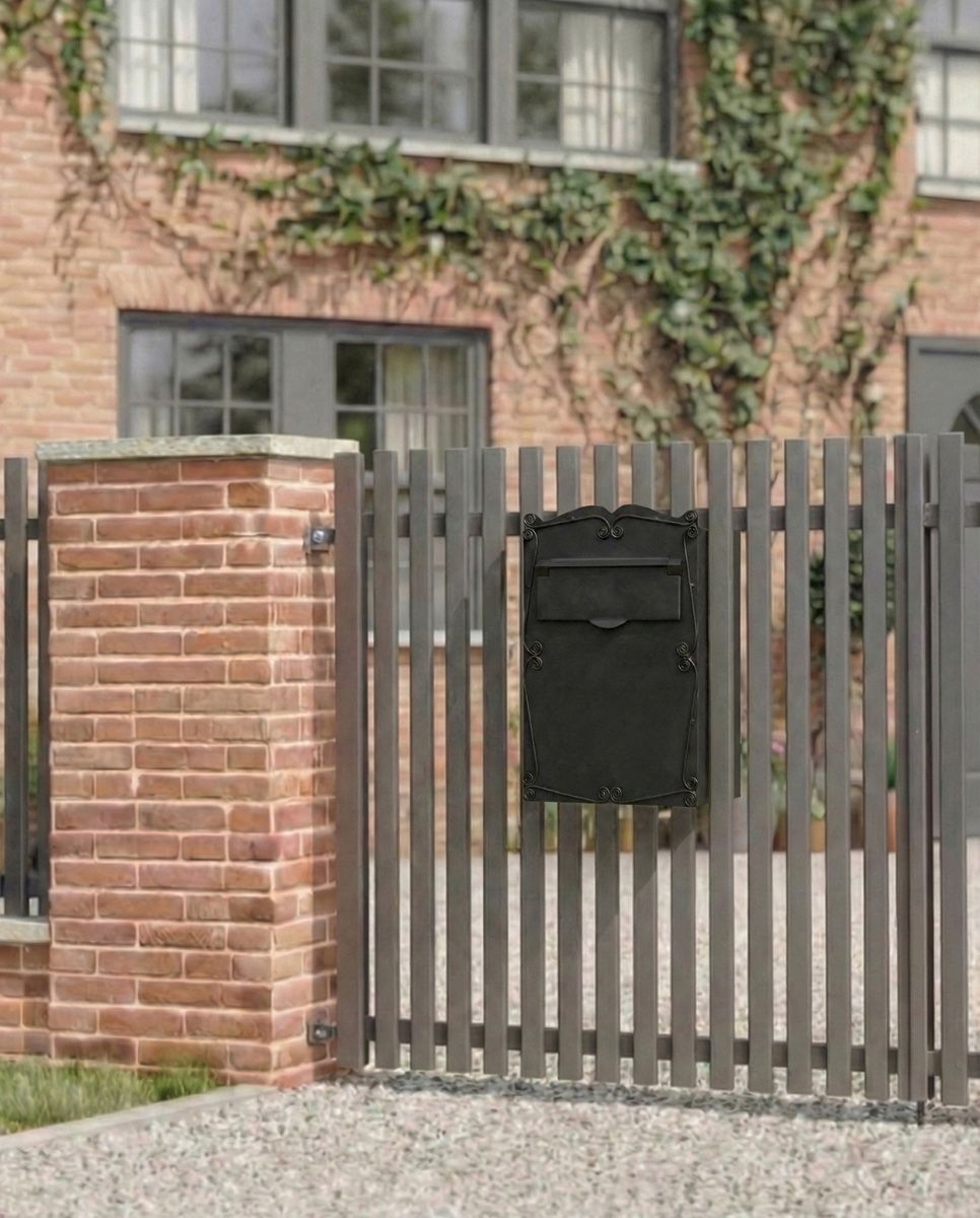 lb1010_-_mulrose_postal_box installed on a gate on a new home