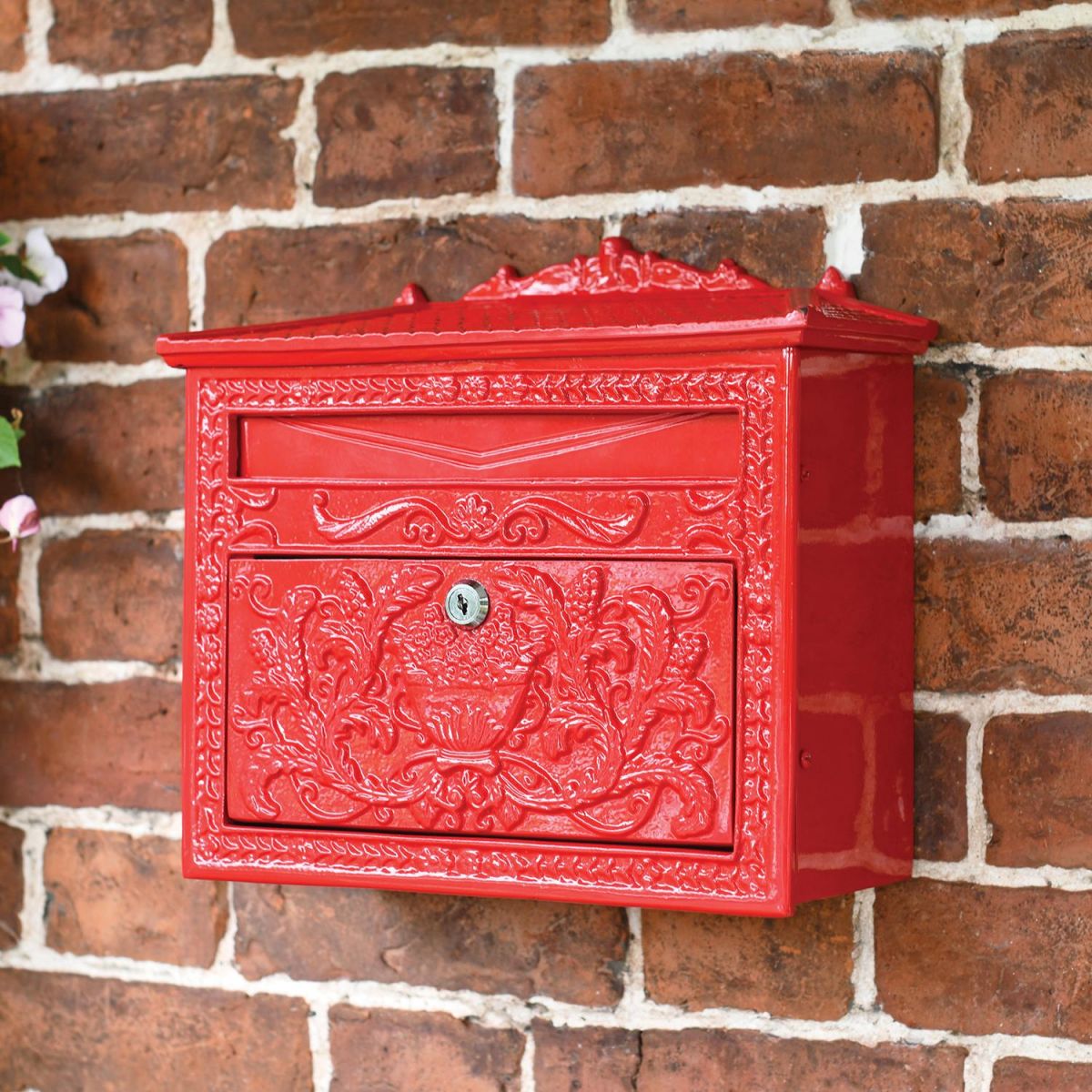 "Horncastle Abbey" Red Wall Mounted Post Box in Situ on a Brick Wall