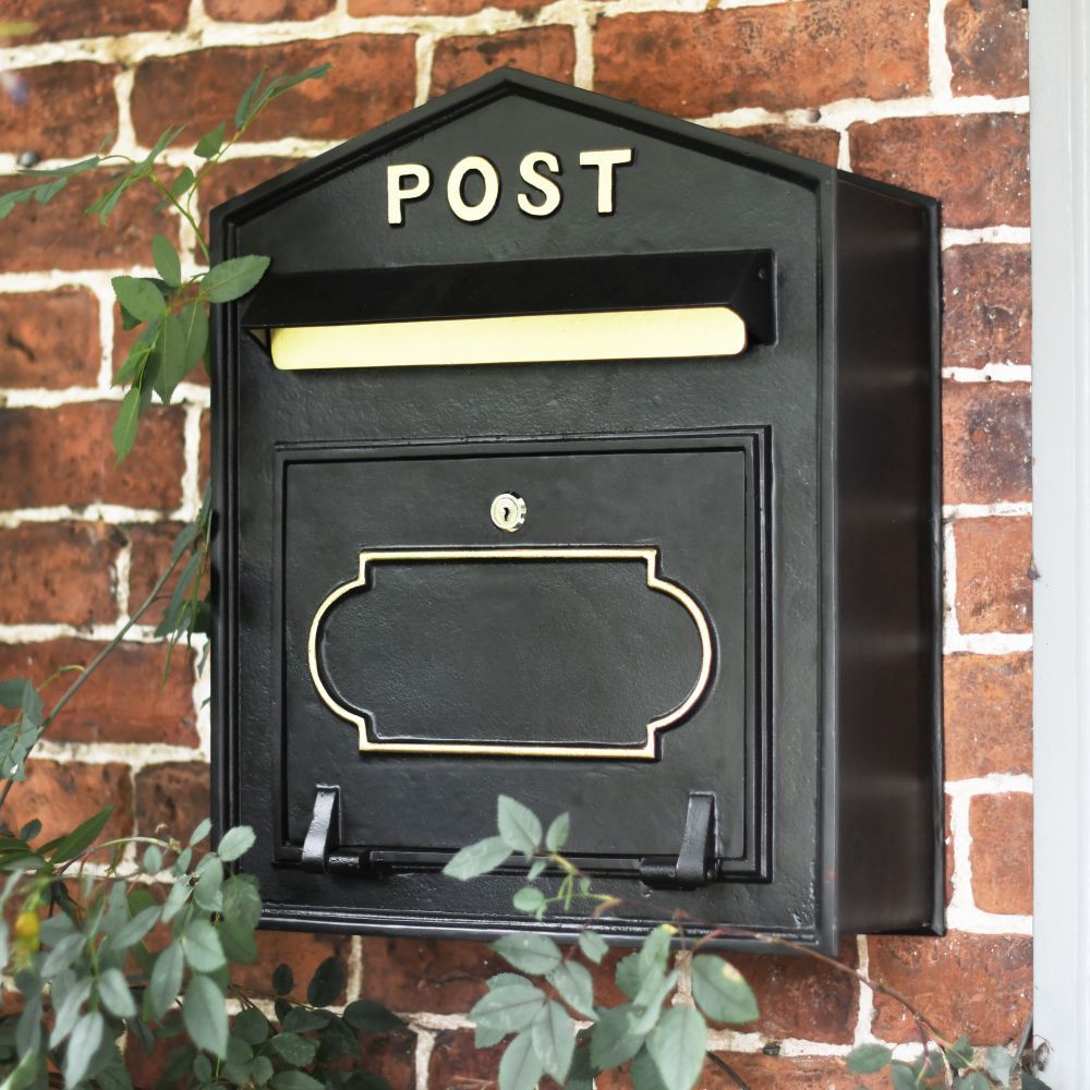 "Osteler Splendour" Black Wall Mounted Post Box with Gold Lettering