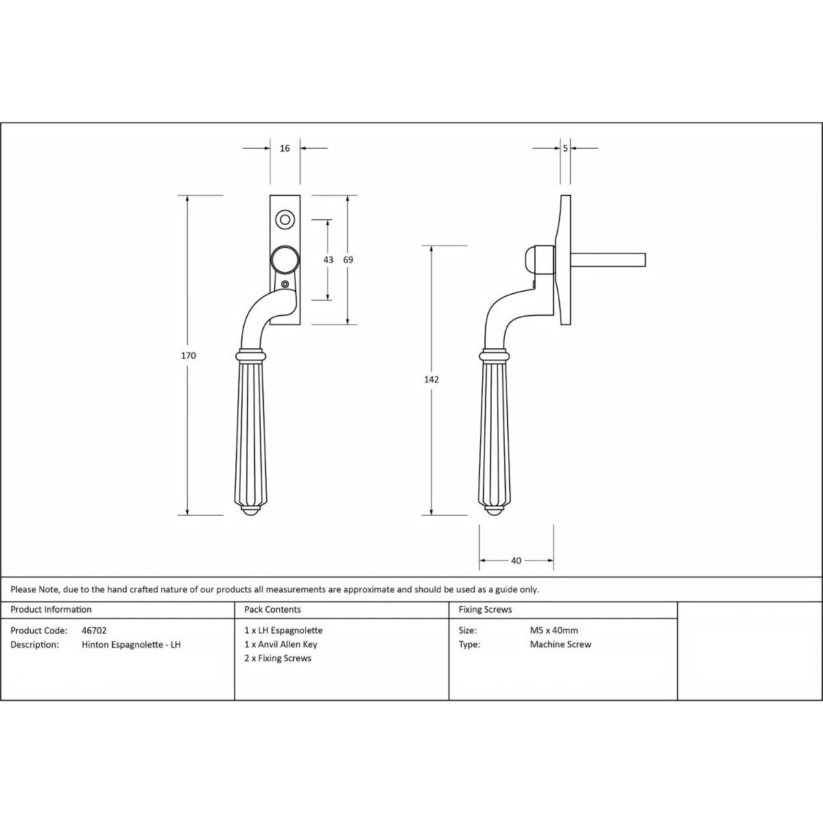 Left Handed Georgian Espagnolette Window Handle - Technical Drawing