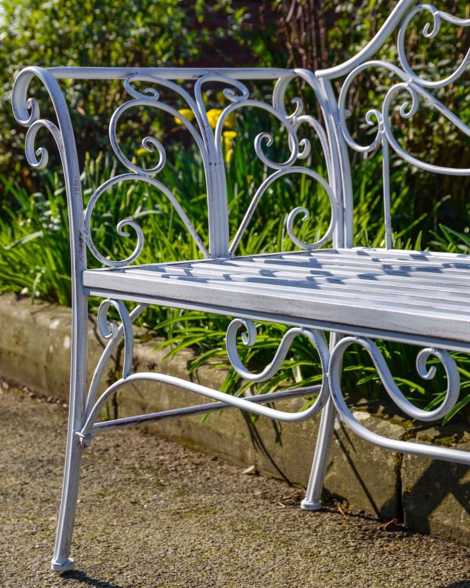 "Ophelia" Wrought iron Two Seater Garden Bench Close up of Scrollwork Design