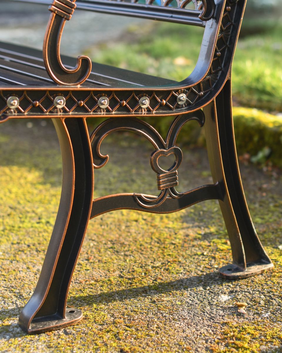 Beautiful Ornate Design On The Fairford Garden Bench Finished In Copper