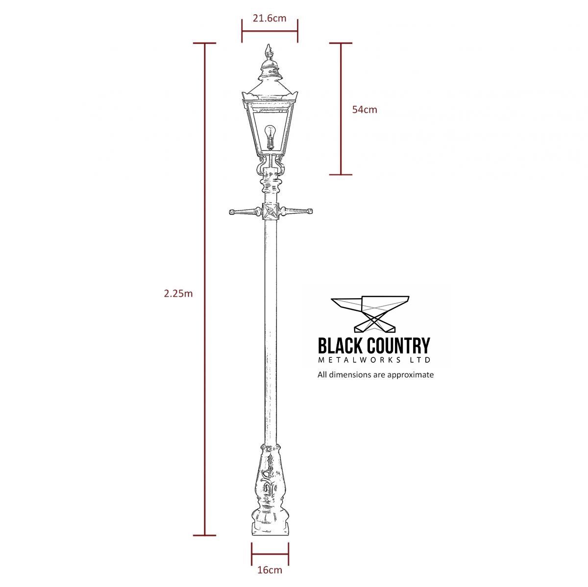 Detailed dimensions of 2.2m Harrogate lamp post and lantern set