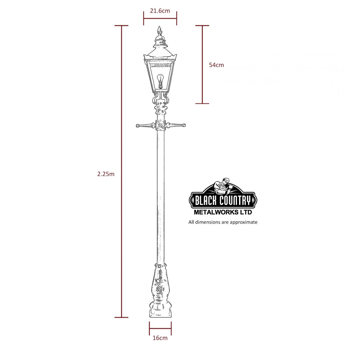 Detailed dimensions of 2.2m Harrogate lamp post and lantern set