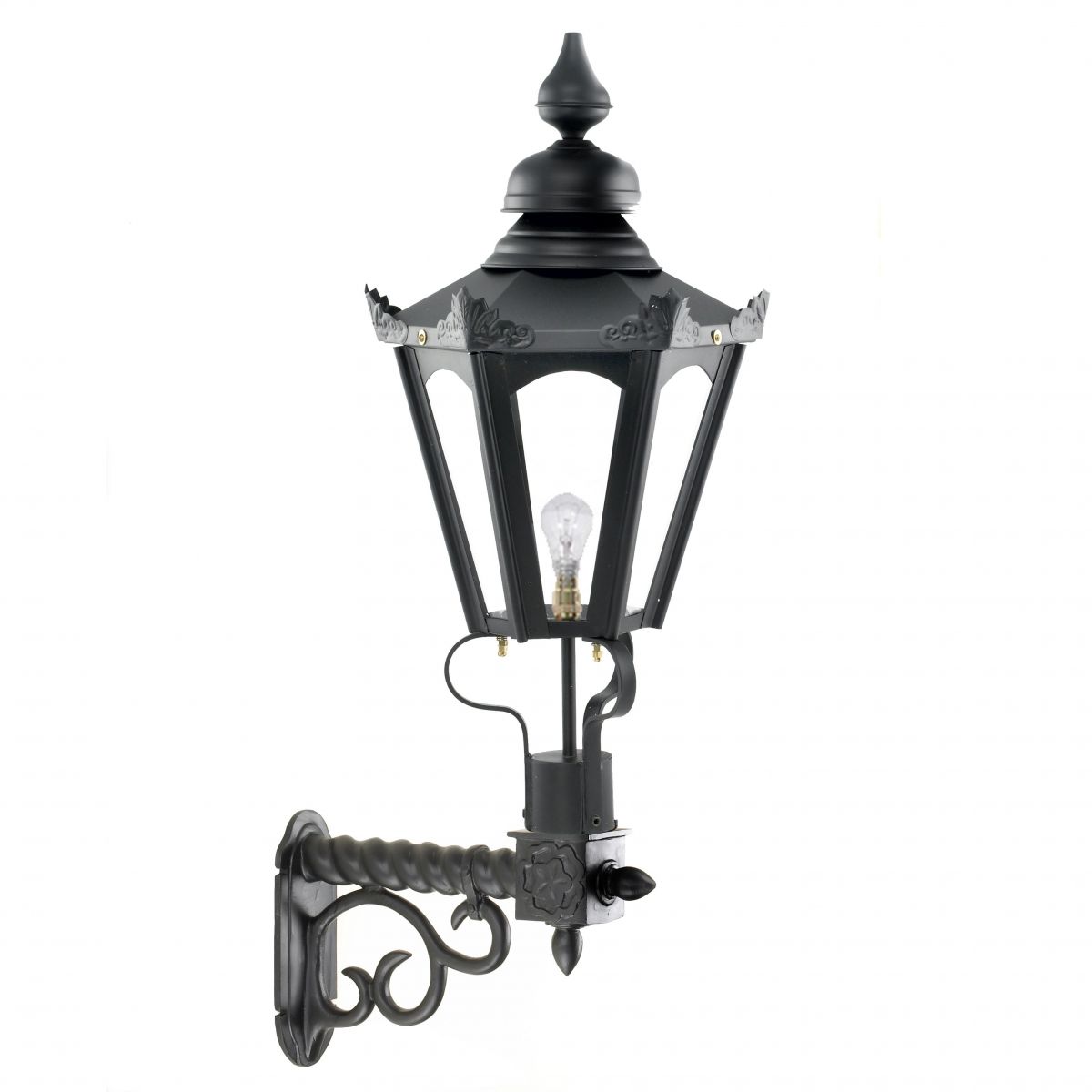 Medium Black Concordia Hexagonal Lantern on Royale Bracket  Medium Black Concordia Hexagonal Lantern on Royale Bracket