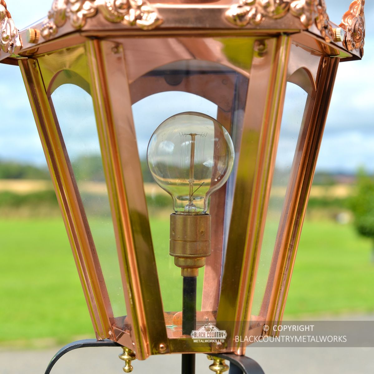 Copper Hexagonal Pillar Light and Lantern Set 86cm